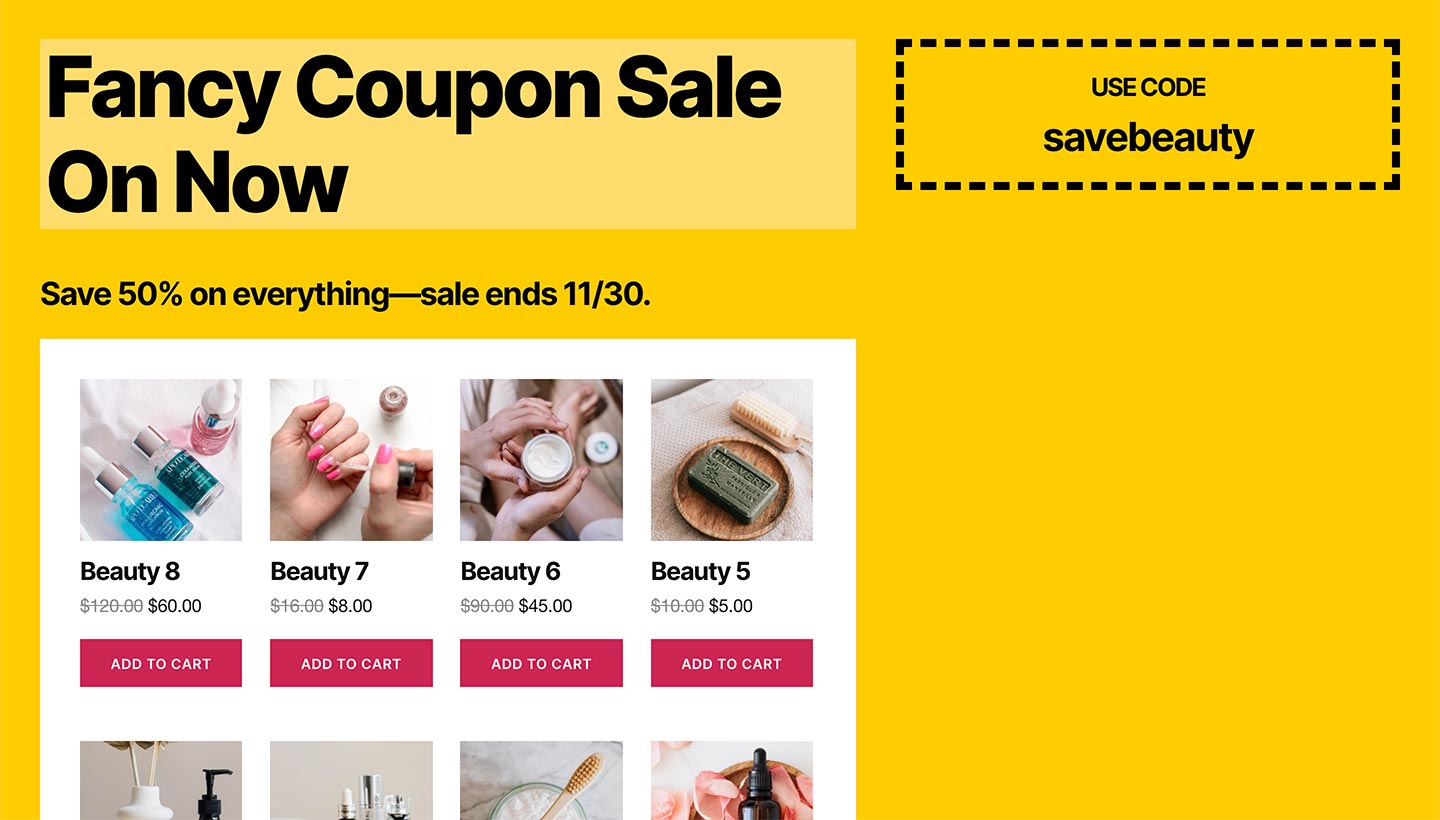 Screenshot of the Sitewide Sales Fancy Coupon Landing Page for WooCommerce