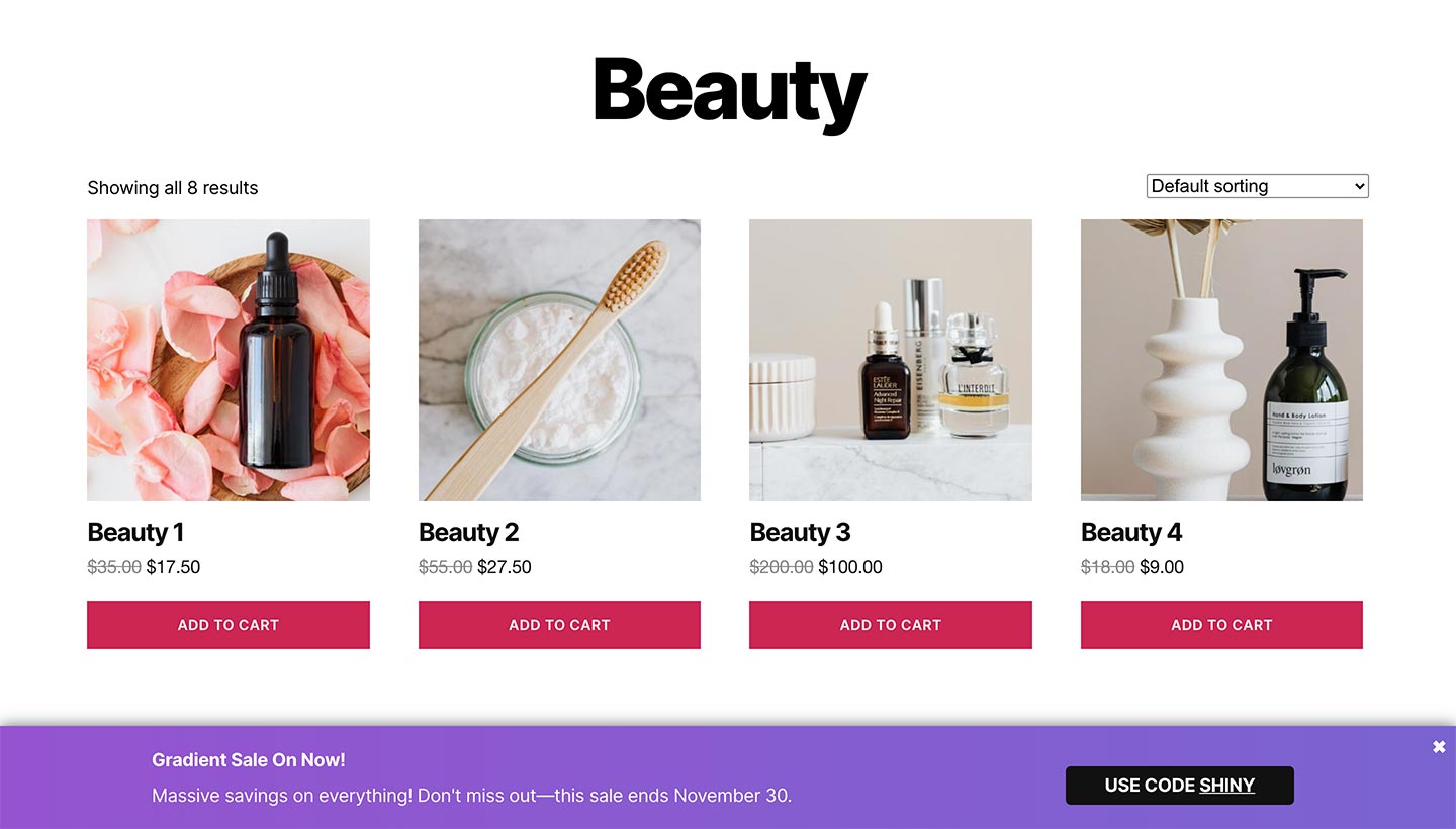 Screenshot of the Sitewide Sales Gradient Bottom Banner for WooCommerce