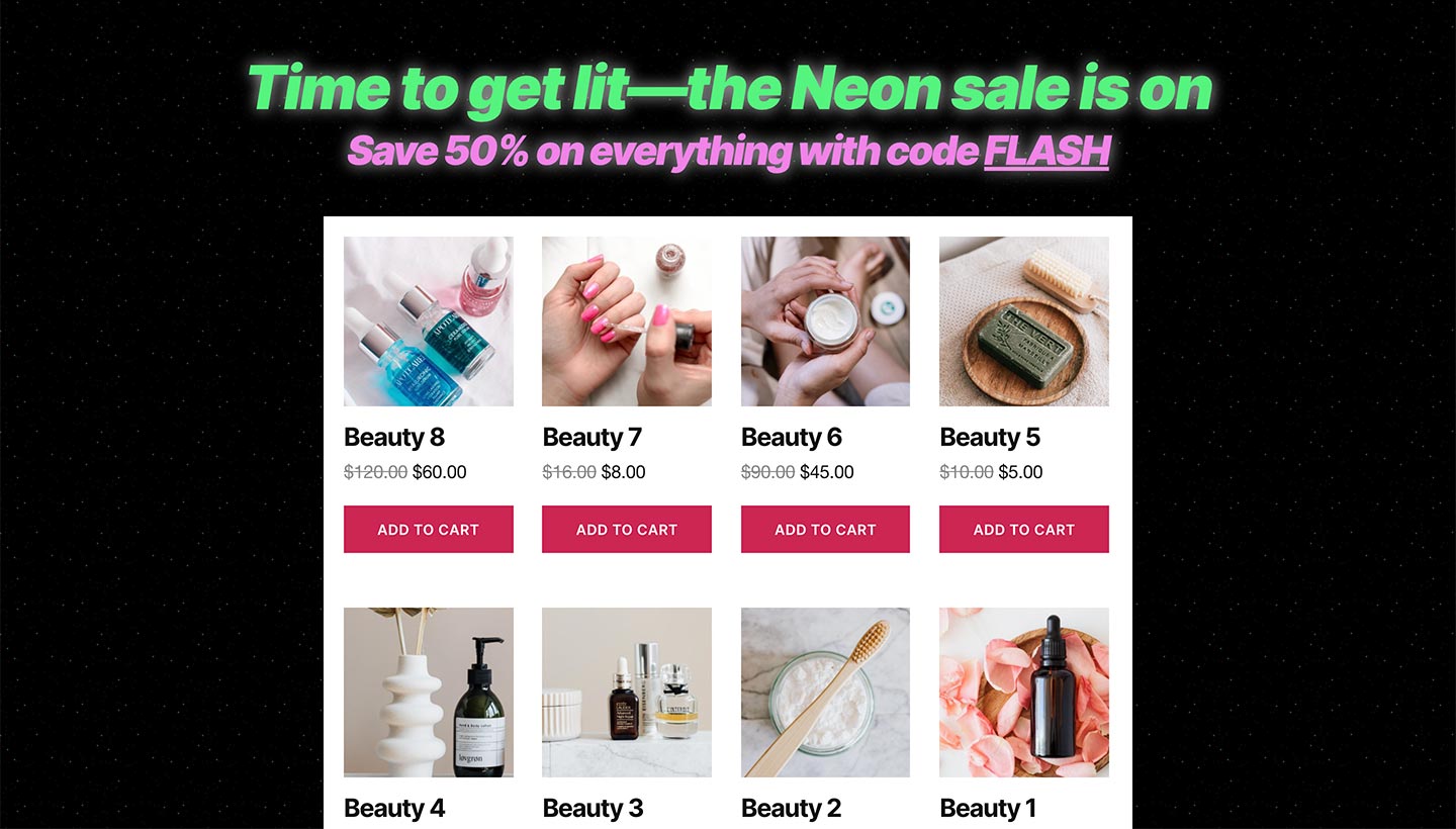Screenshot of the Sitewide Sales Neon Landing Page for WooCommerce