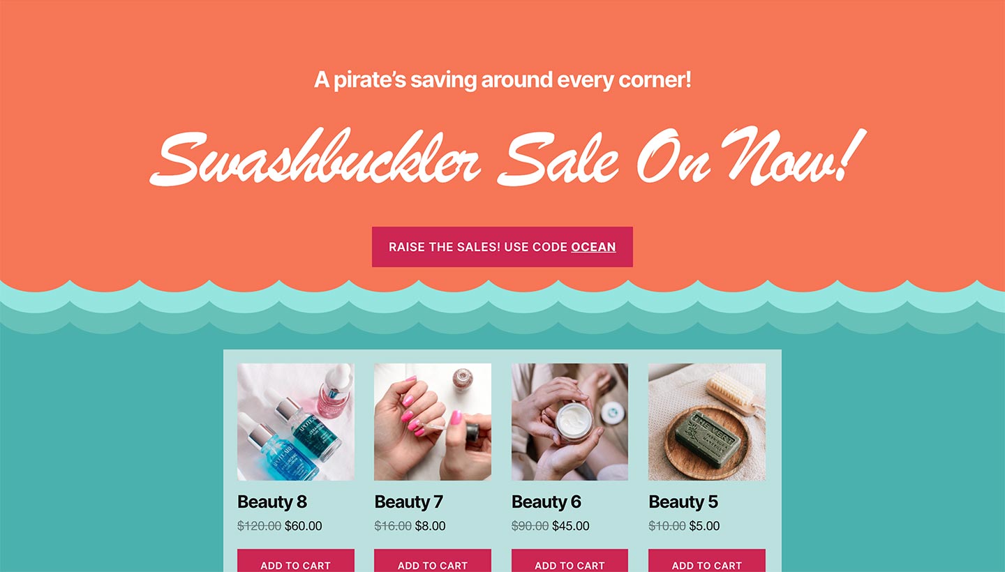Screenshot of the Sitewide Sales Ocean Landing Page for WooCommerce