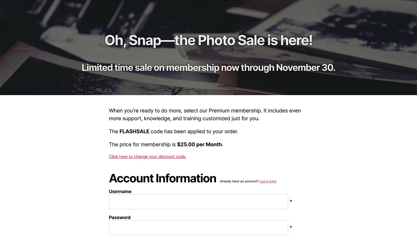 Screenshot of the Sitewide Sales Photo Landing Page for Paid Memberships Pro