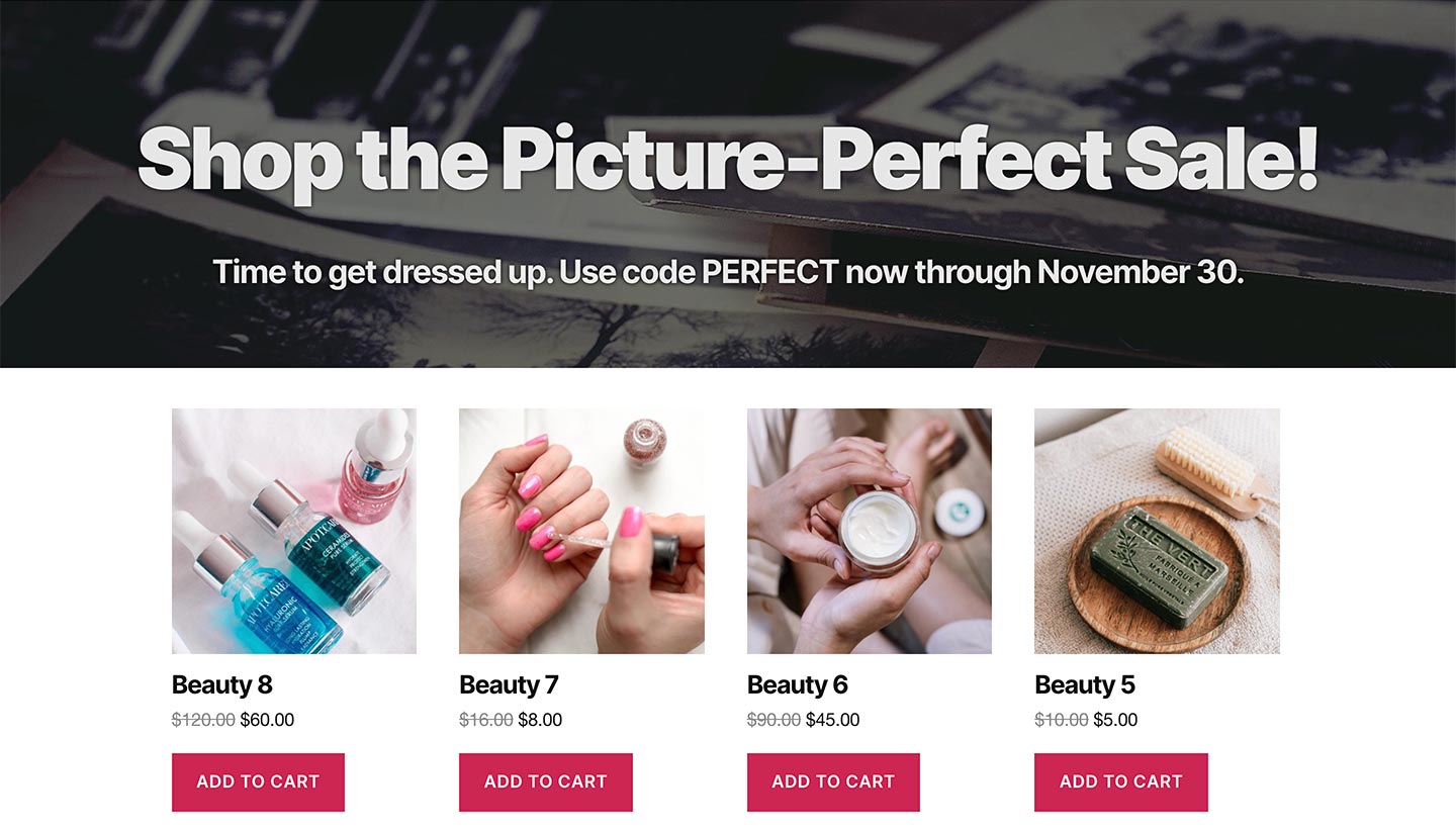 Screenshot of the Sitewide Sales Photo Landing Page for WooCommerce