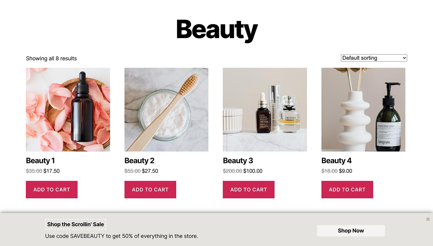 Screenshot of the Sitewide Sales Scroll Bottom Banner for WooCommerce