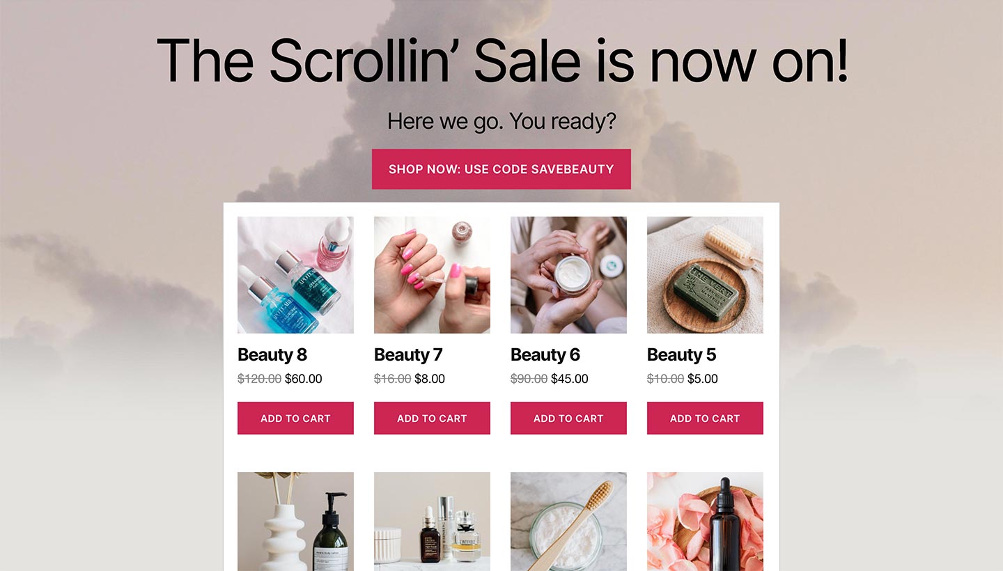 Screenshot of the Sitewide Sales Scroll Landing Page for WooCommerce