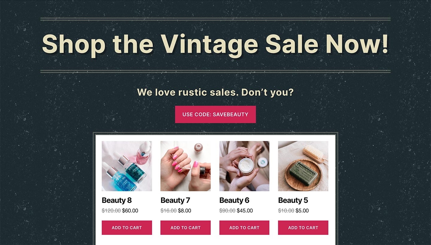 Screenshot of the Sitewide Sales Vintage Landing Page for WooCommerce