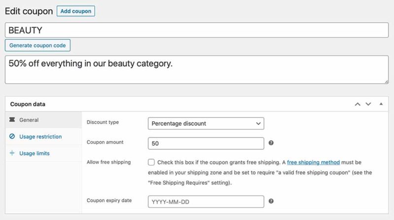 Screenshot of the Add or Edit Coupon Code in WooCommerce