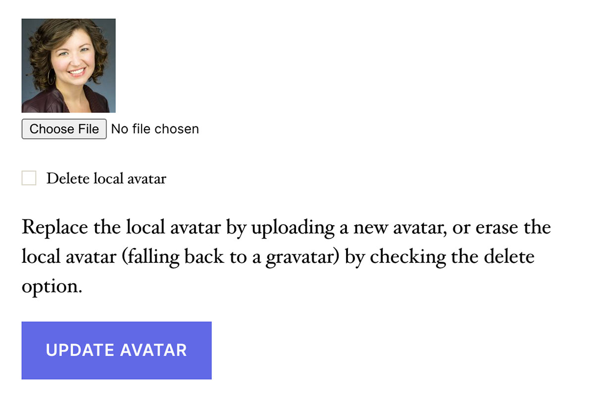 Frontend avatar upload form with a custom user profile picture and delete option.