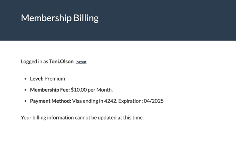 Screenshot of the Billing Information page when a payment method cannot be updated.