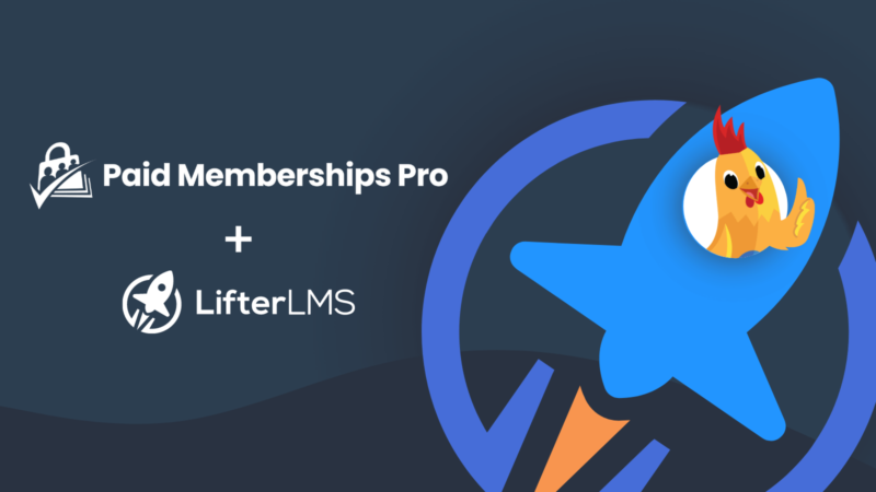 Paid Memberships Pro + LifterLMS logos with Nugget flying in the LifterLMS Rocket