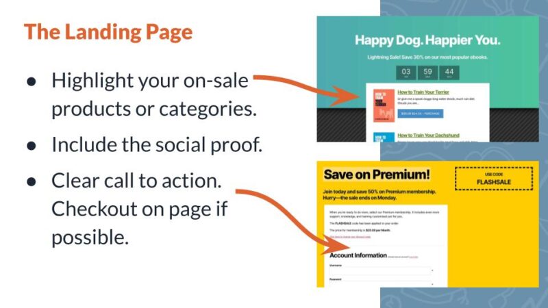 Slide from Jason's webinar with screenshots of sale landing pages including countdown timer and checkout on page